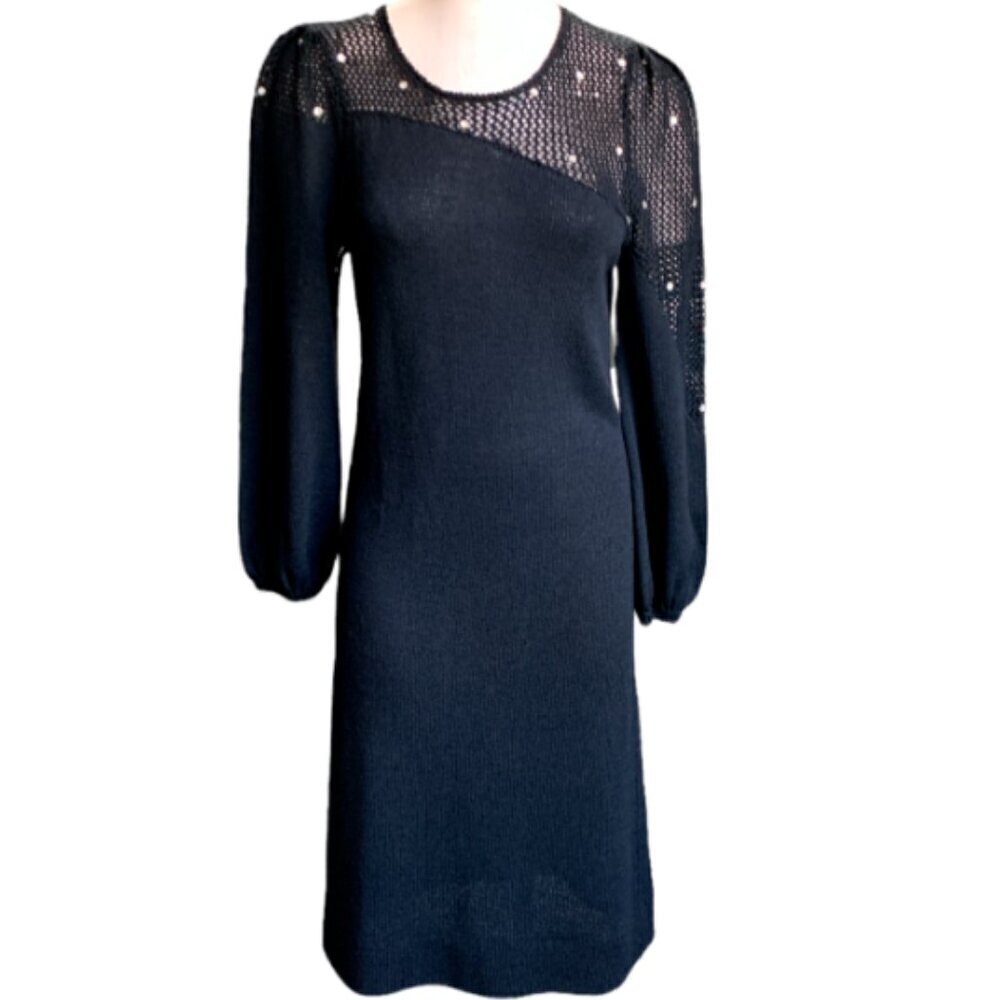 Rare VTG Lianne Von Fricht Jane Knit & Mesh Rhinestone Midi Dress S/M Black #17N